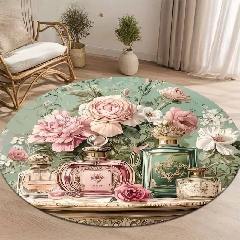 Home Living Bathroom Vanity - Eleganter Retro-Blumen-Parfümflaschen-Druck Runder Teppich Romantischer Pastellfarbener