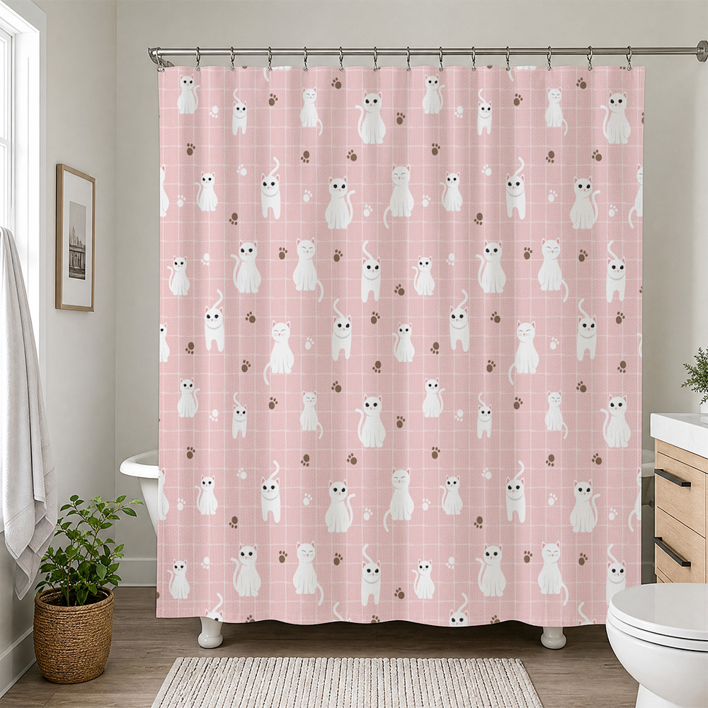 Adorable Home Bathroom Ideas - Niedliches Katzenmuster Wasserdichter Duschvorhang Rosa Badezimmer-Duschvorhang