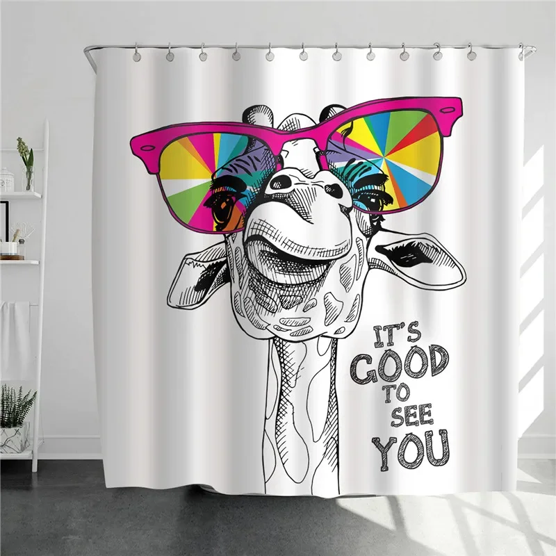 Home Bathroom Design Simple - Giraffe mit bunten Gläsern, Duschvorhang, modisch,