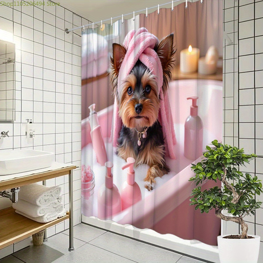 Adorable Home Bathroom Ideas - Niedlicher Yorkie-Hund in der Badewanne Duschvorhang