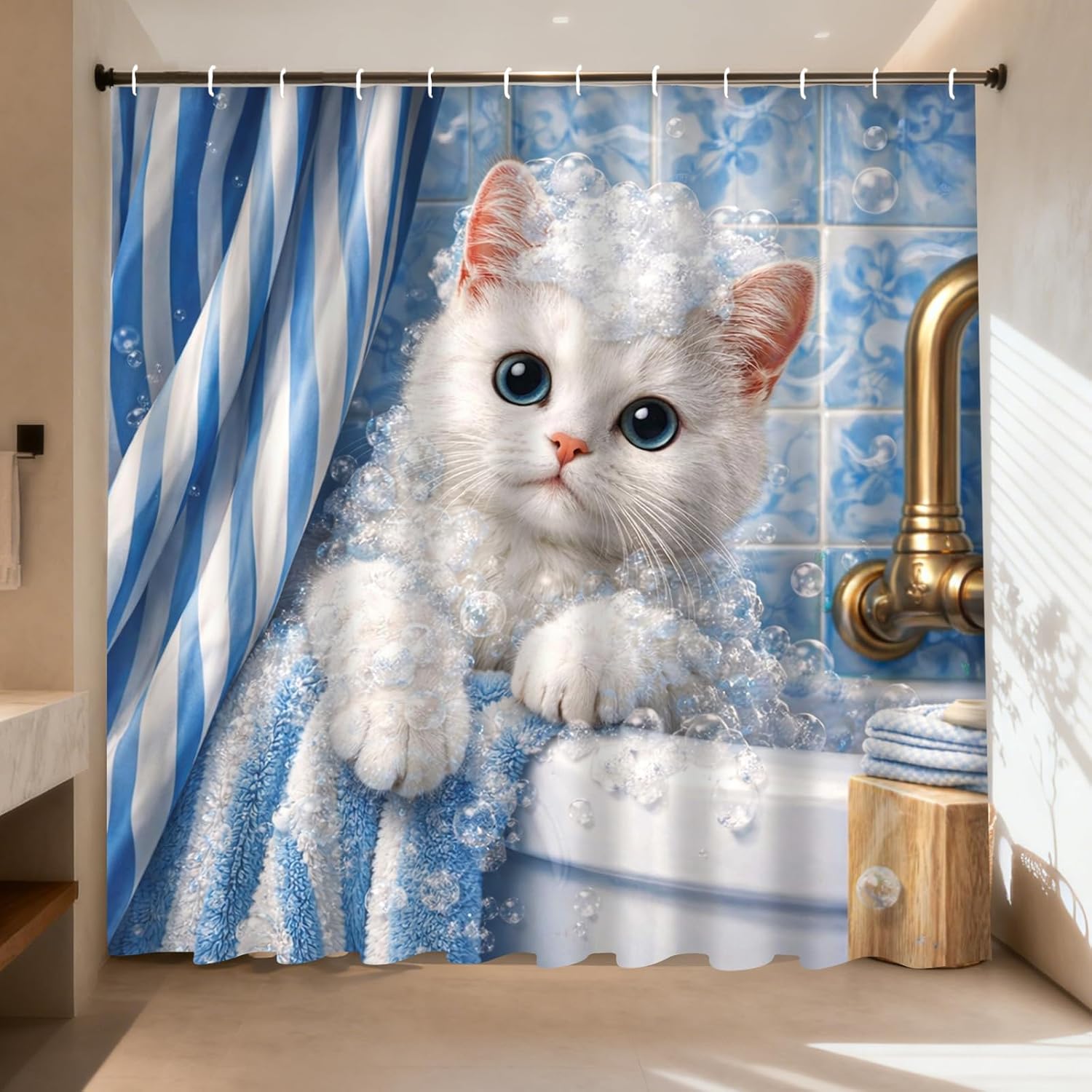 Adorable Home Bathroom Ideas - Entzückender Kätzchen-Bubble-Duschvorhang, blau gestreift, wasserdicht, Badezimmerdekoration,