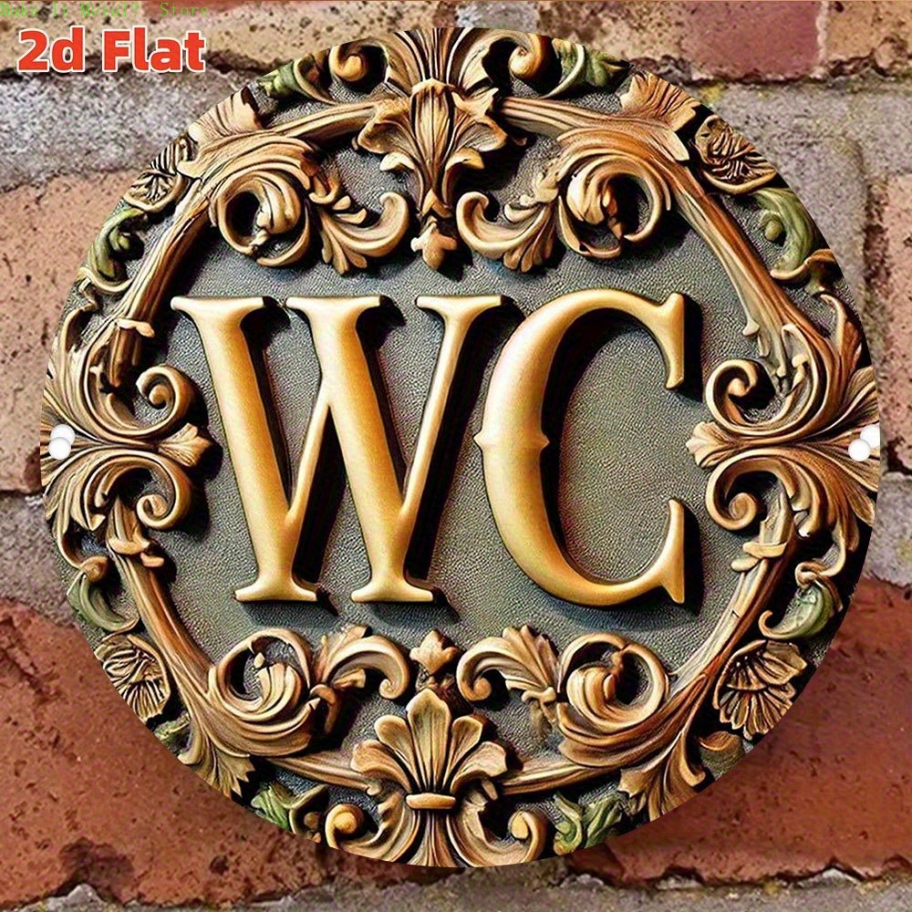 Home Bathroom Wall Art - 2D Flaches, verziertes Barock-WC-Schild, rundes Blechschild,